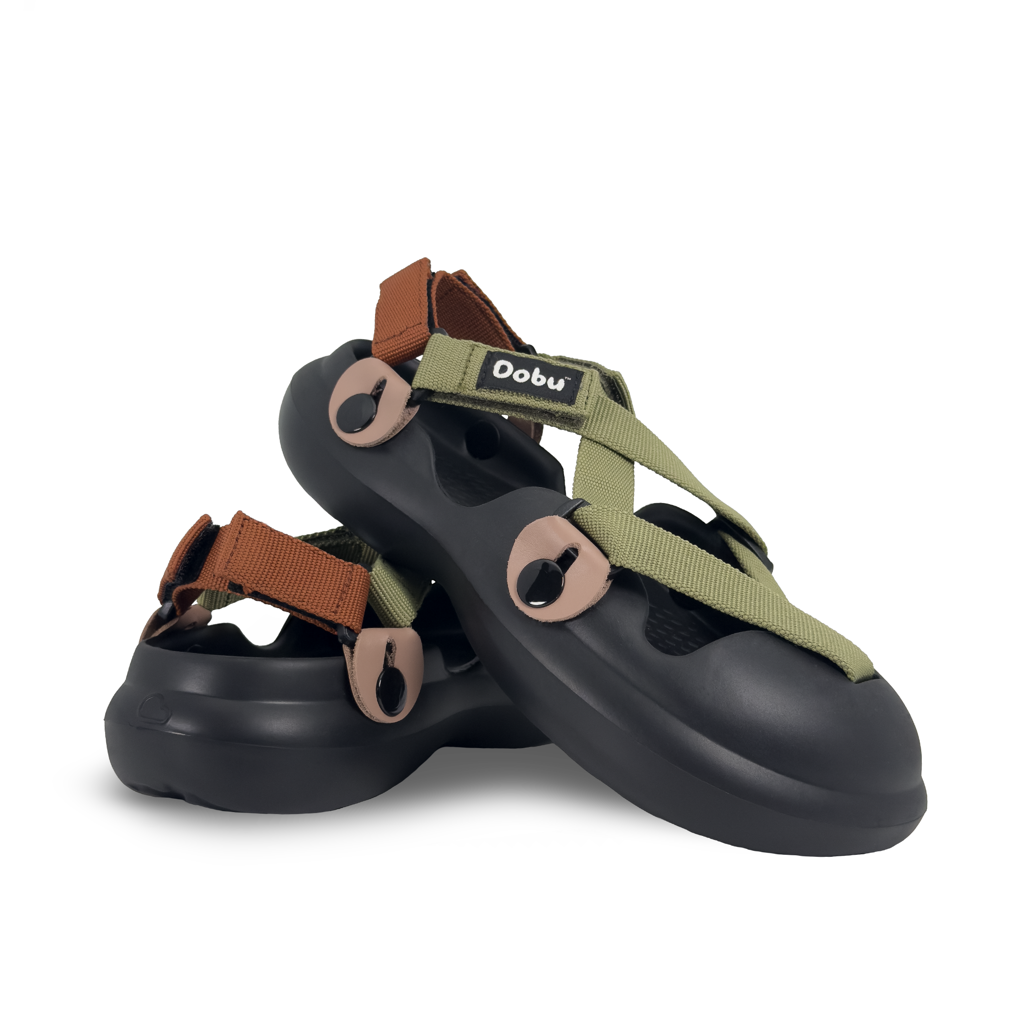 Scarpa sabot con base nera, nastri rame e verde, pelle cipria. Design ispirato ai boschi giapponesi