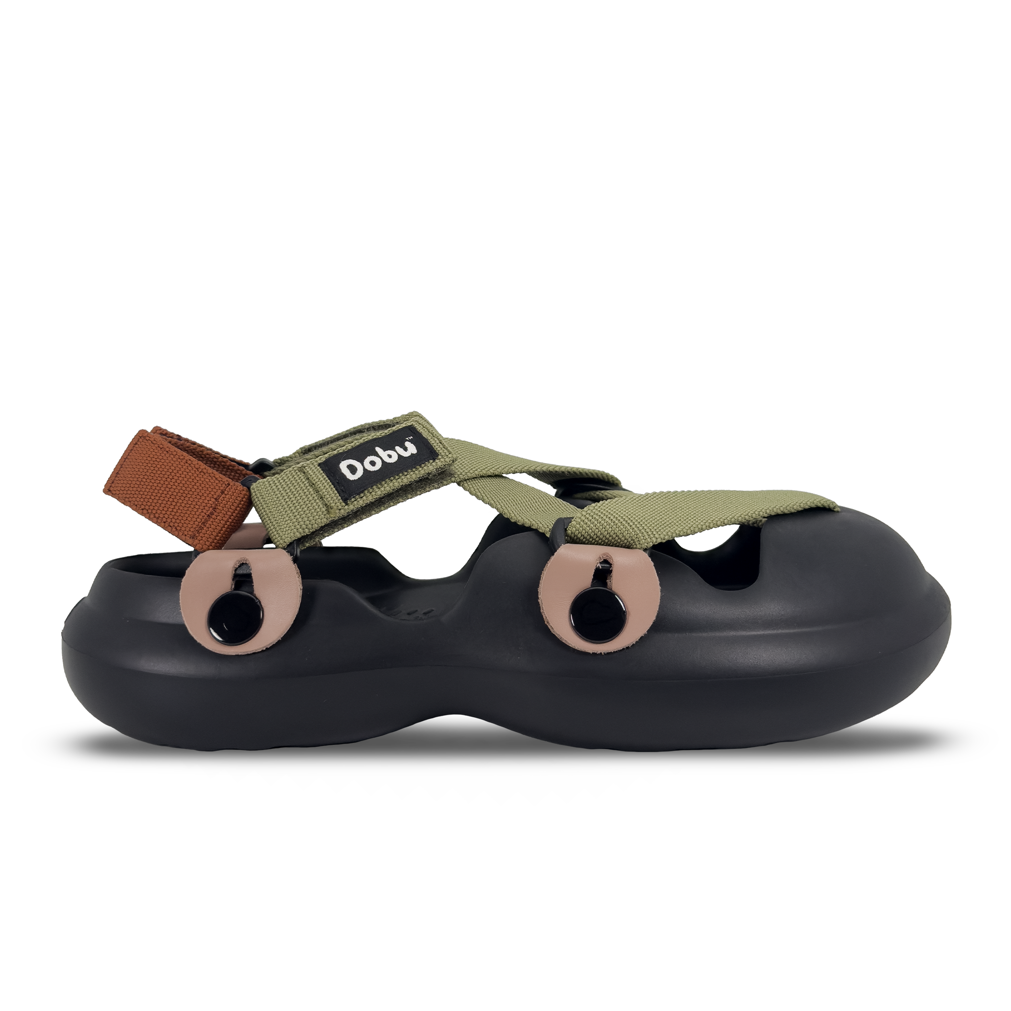 Scarpa sabot con base nera, nastri rame e verde, pelle cipria. Design ispirato ai boschi giapponesi