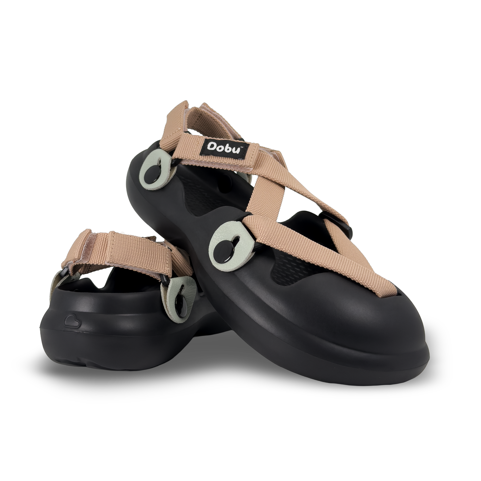 Scarpa sabot nera con nastri color pelle, inserti in pelle color verde acqua, suola barefoot in EVA e struttura modulare