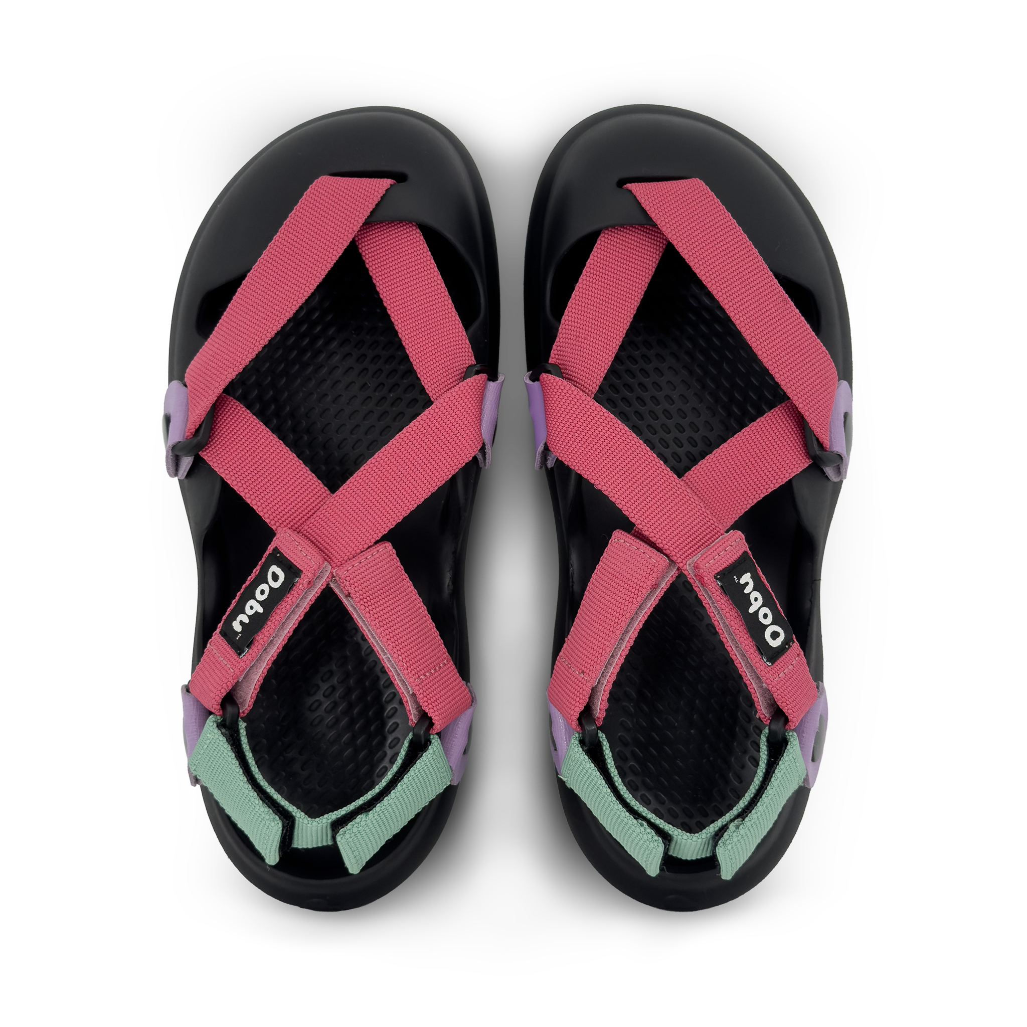 Scarpa sabot nera con nastri color verde acqua e corallo, inserti in pelle lilla, suola barefoot in EVA e design componibile