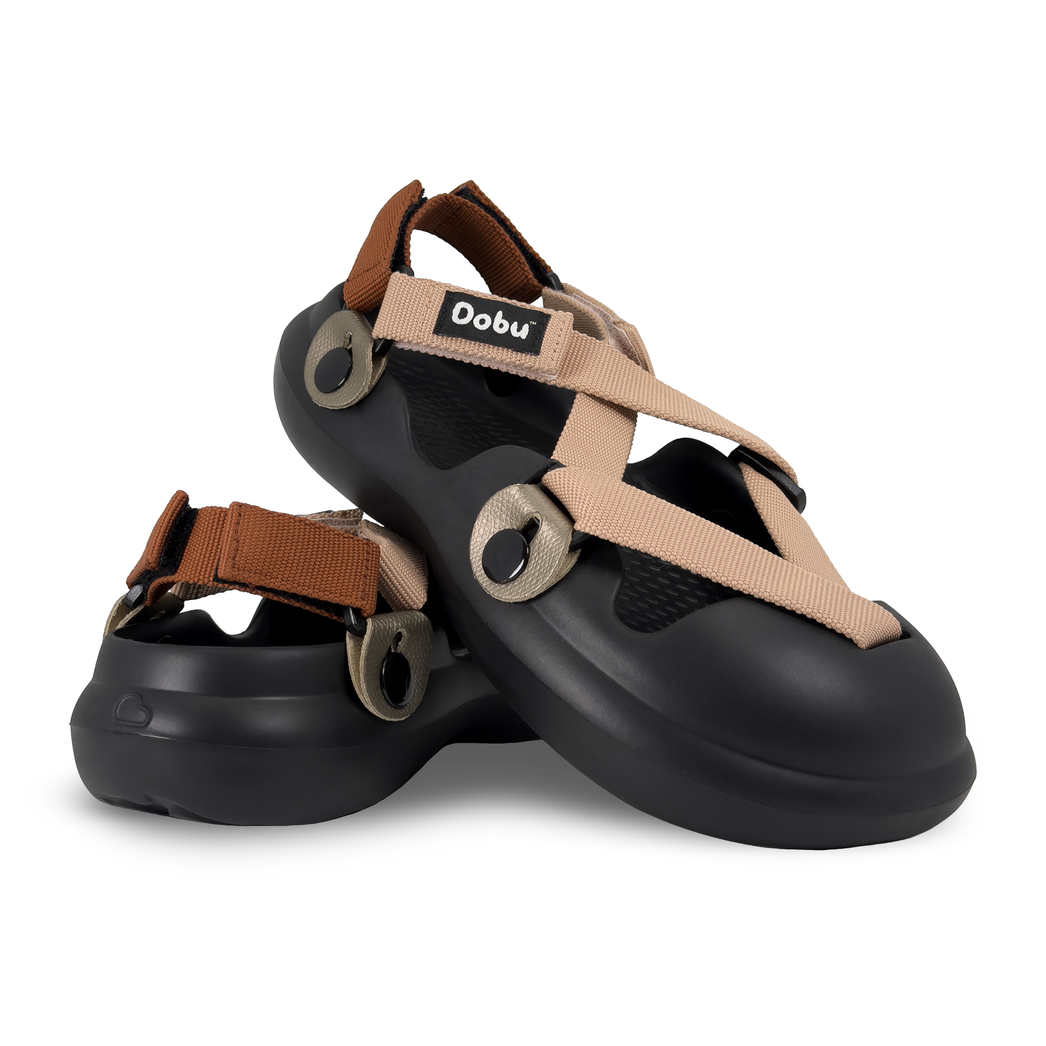 Scarpa sabot nera con nastri nude e rame, pelle titanio ramato e sistema modulare HUKUP™