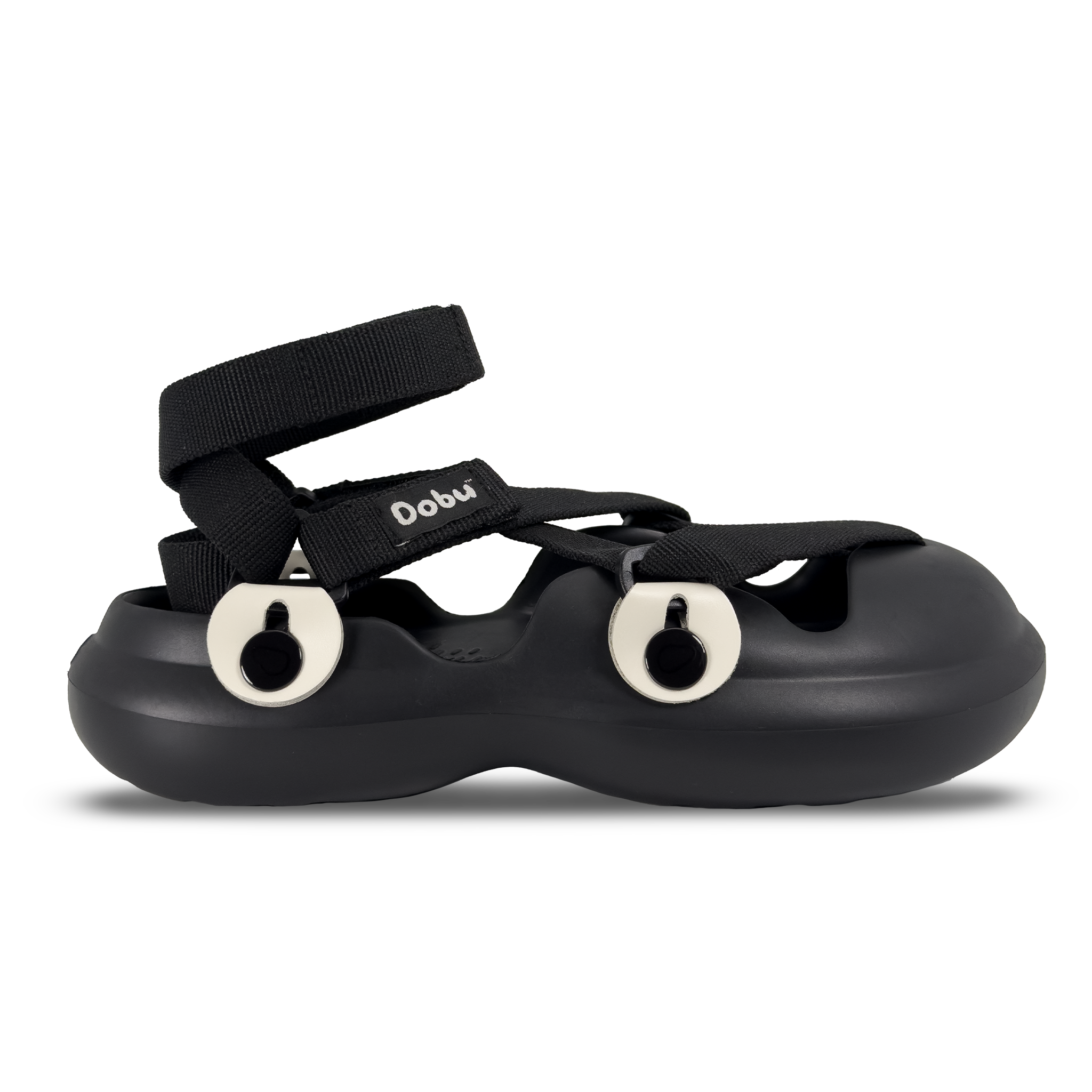 Scarpa sabot nera con pelle bianca e nastri neri, stile ispirato ai panda e suola barefoot in EVA
