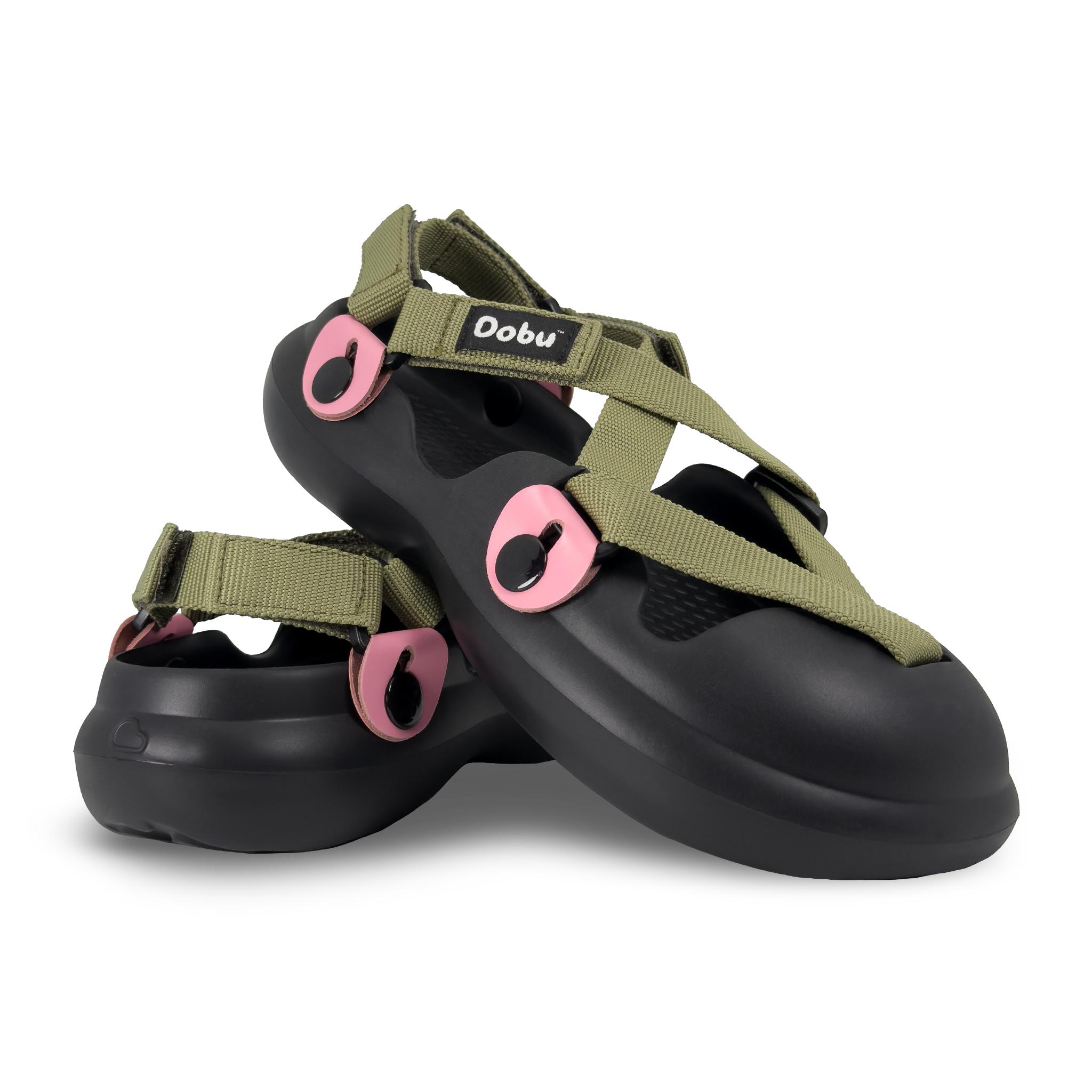 Scarpa sabot nera con nastri verde militare e pelle rosa, sistema modulare HUKUP™