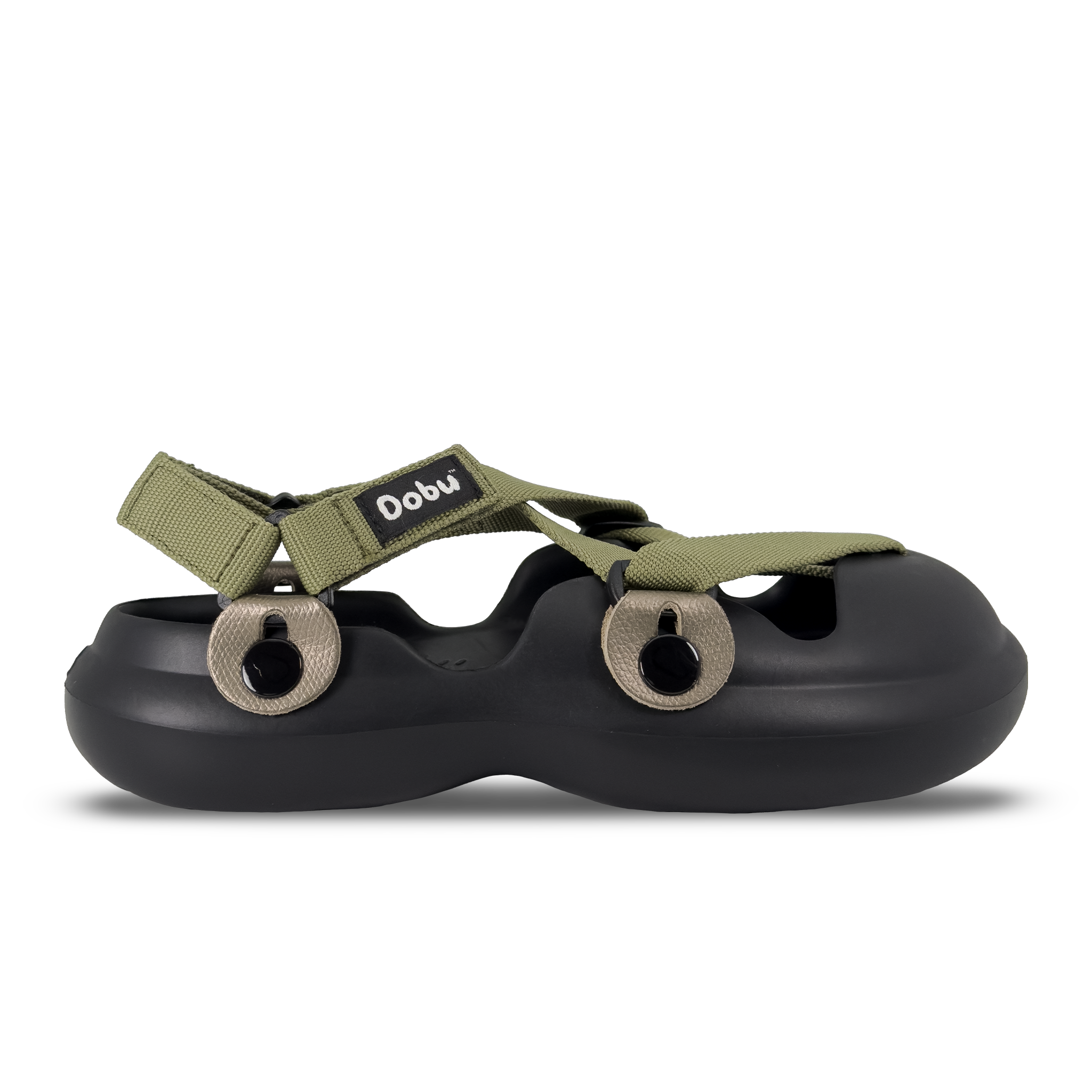 Scarpa sabot nera con nastri verde militare e pelle titanio ramato, suola barefoot e design componibile
