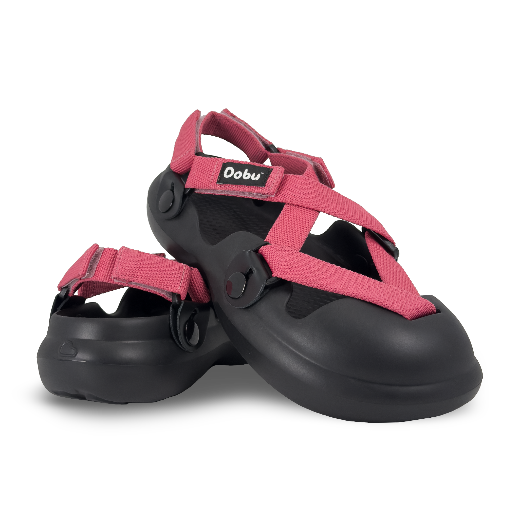 Scarpa sabot nera con nastri rosa fragola, suola barefoot in EVA e punta chiusa

