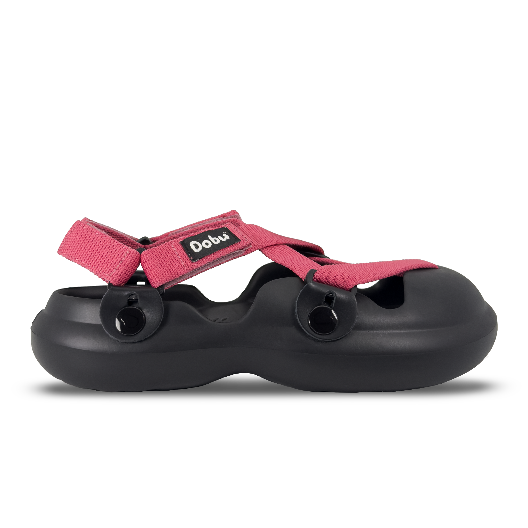 Scarpa sabot nera con nastri rosa fragola, suola barefoot in EVA e punta chiusa

