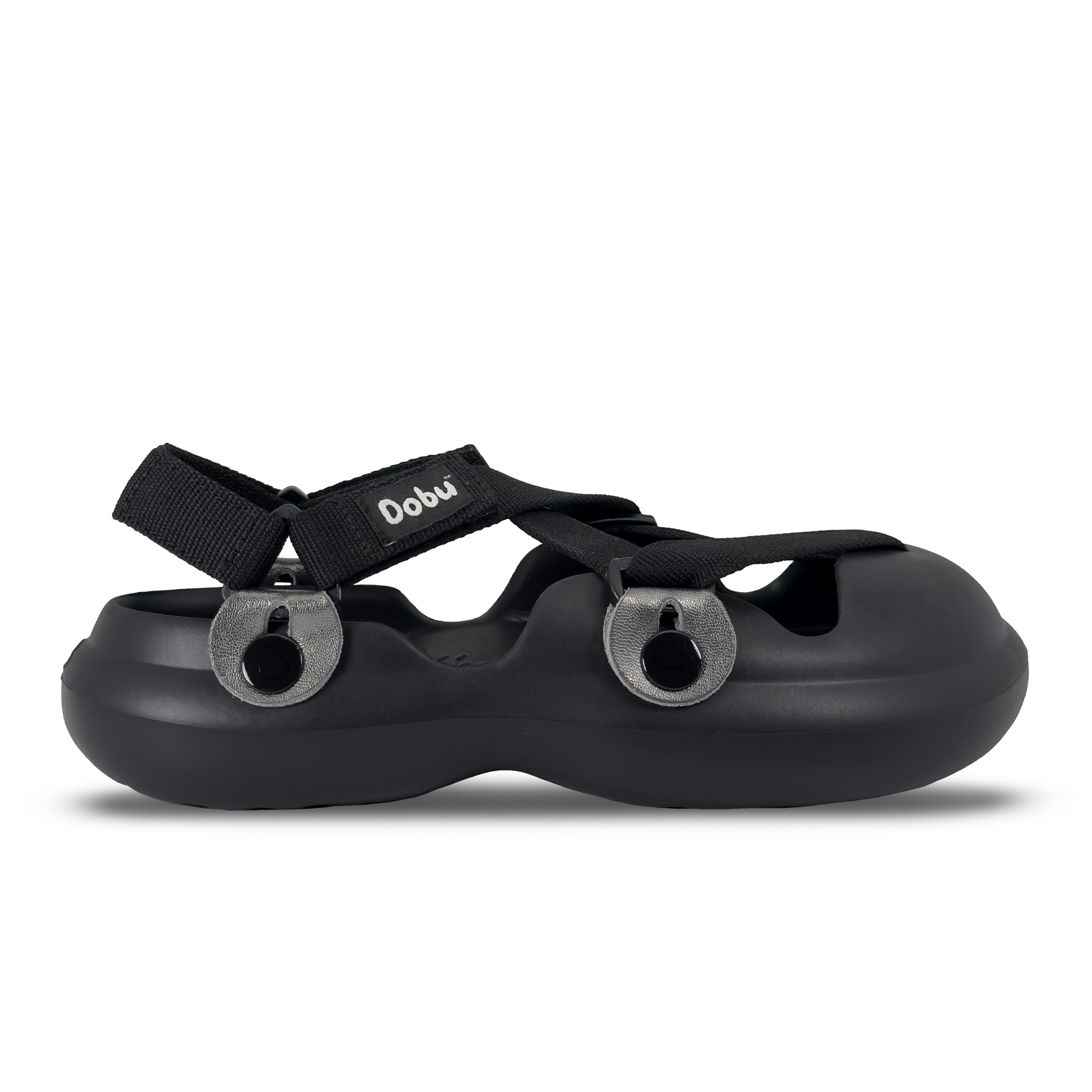 Scarpa sabot nera con nastri color nero,  inserti in pelle argento, suola barefoot in EVA e design componibile