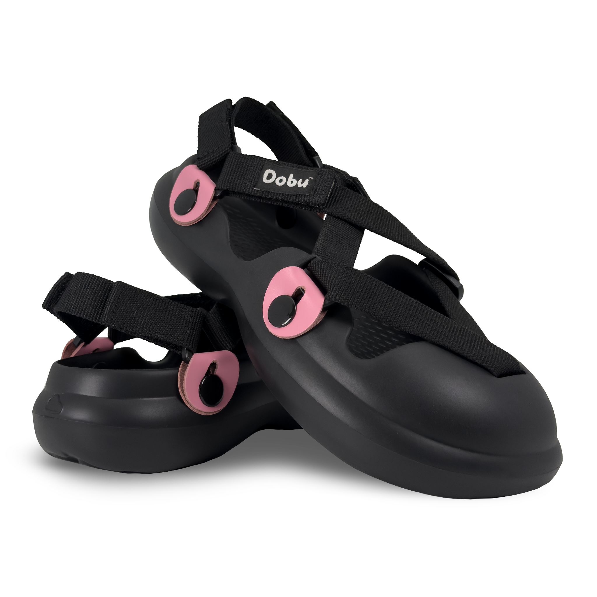 Scarpa sabot nera con nastri color nero, inserti in pelle rosa, suola barefoot in EVA e design componibile