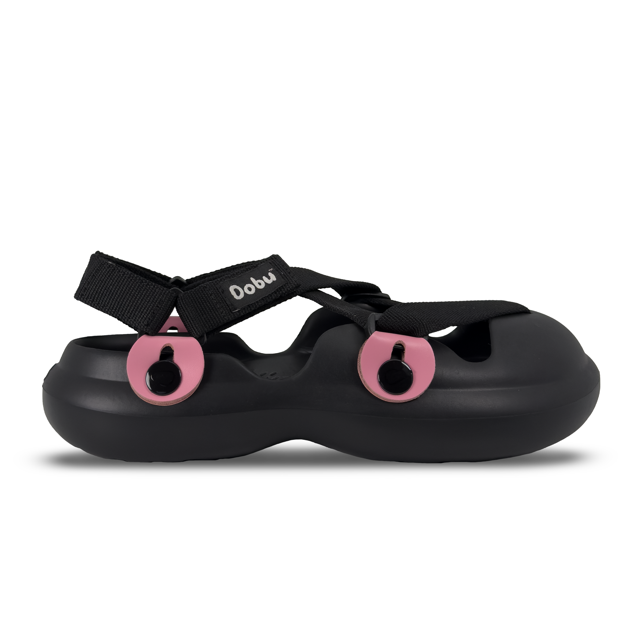 Scarpa sabot nera con nastri color nero, inserti in pelle rosa, suola barefoot in EVA e design componibile


