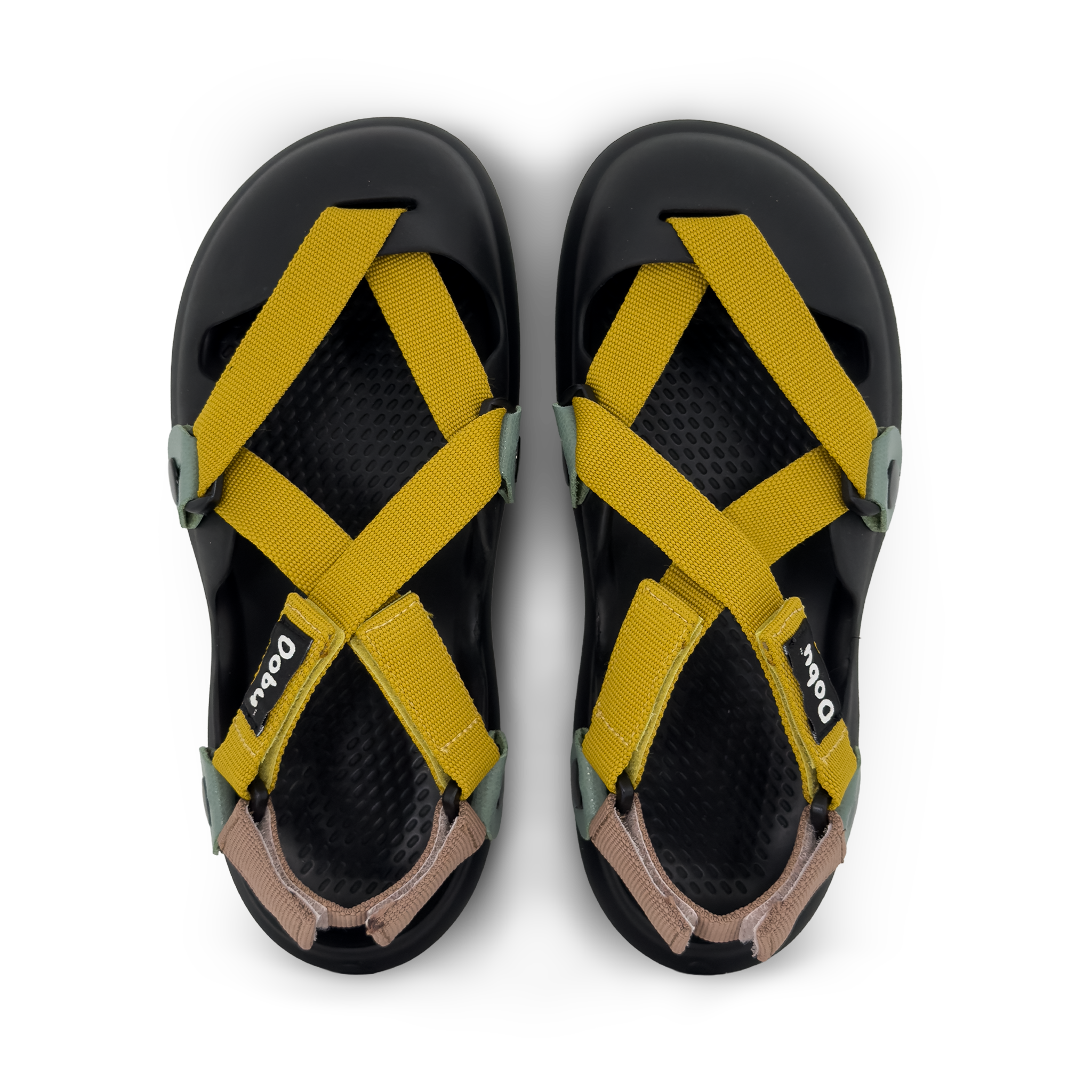 Scarpa sabot con base nera, nastri gialli e cipria con inserti in pelle verde acqua. Design a punta chiusa e suola in EVA