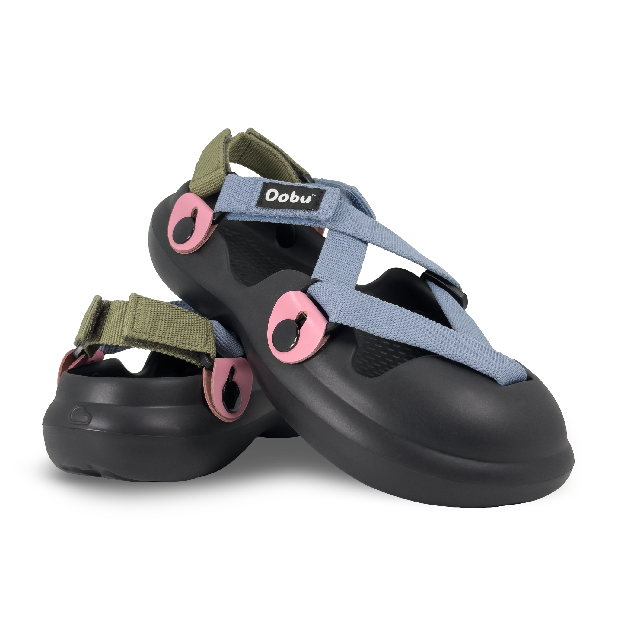 Scarpa sabot nera con nastri verde militare e  azzurri, pelle rosa, suola barefoot e design componibile